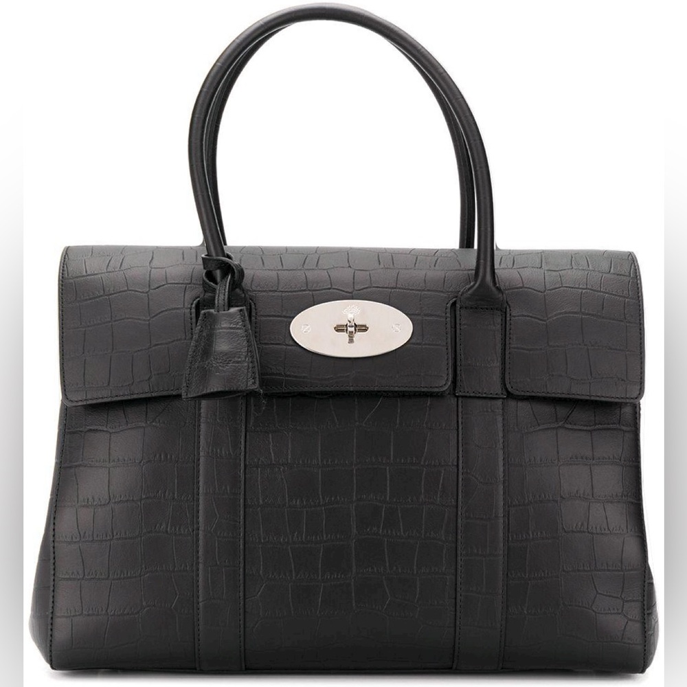 100% AUTHENTIC Mulberry Bayswater in Black Matte Croc Calfskin -Silver Hardware